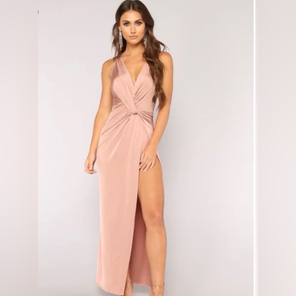 Fashion Nova Blush Pink Twist-Front Maxi Dress with High Slit